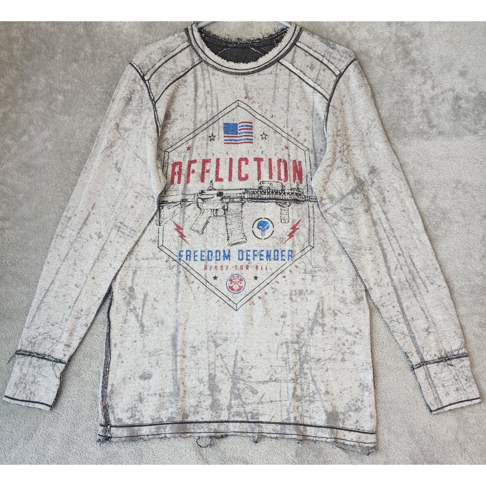 Affliction Reversible Thermal Shirt Mens Large Grey Freedom Defender AR-15